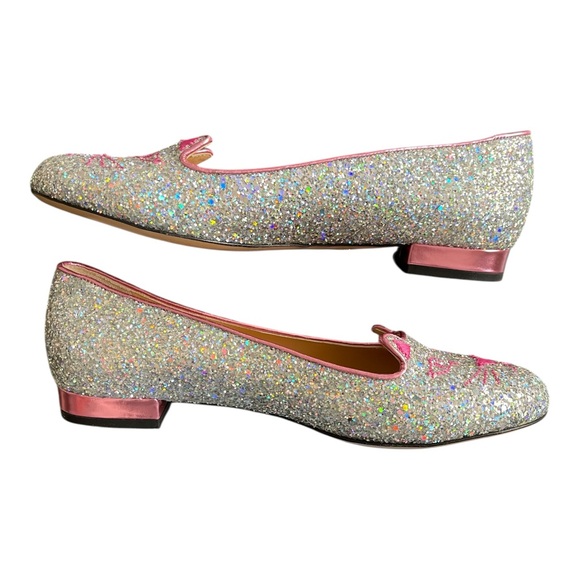Charlotte‎ Olympia Silver Glitter Kitty Flats